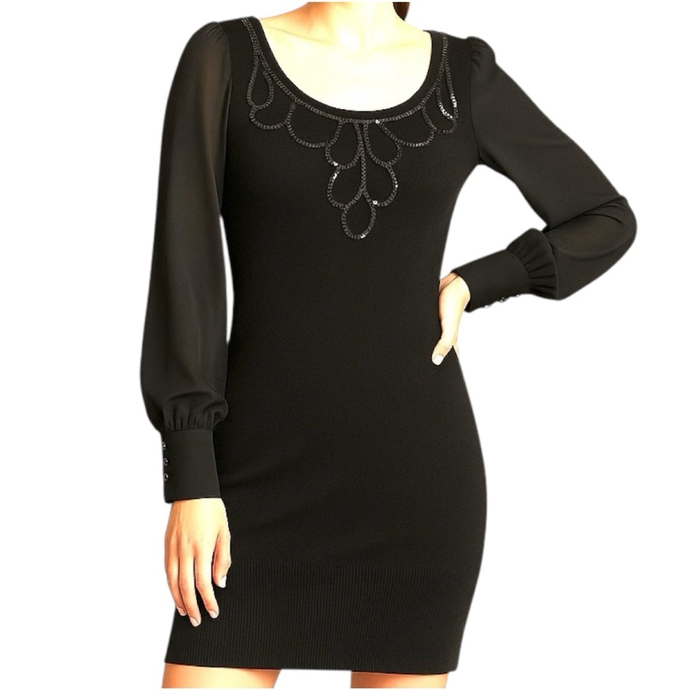 XOXO Black Beaded Sheer Sleeve Sweater Dress Bodycon Knit Dress